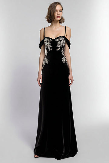 Black Velvet Cold Shoulder Sheath Long Formal Dress